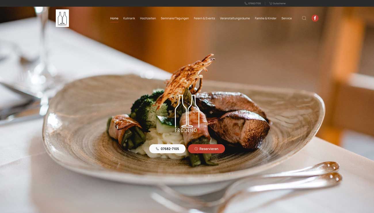 Website Frodlhof mit Tischreservierung und Gutscheinsystem